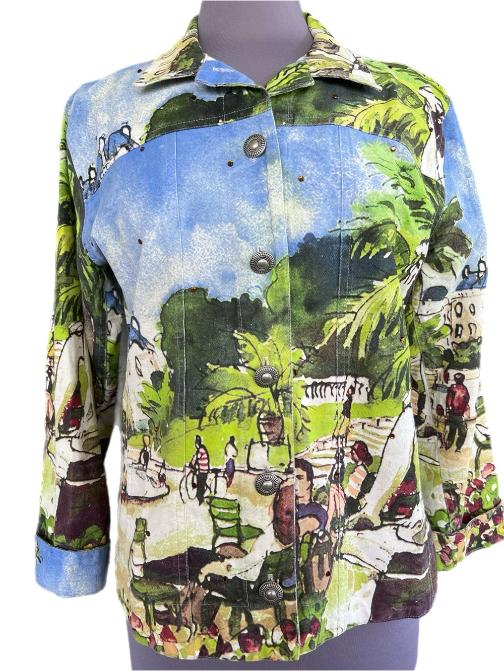 Michael Leu Wearable Art Jean Jacket Style Button Front Size S -Travel Motif